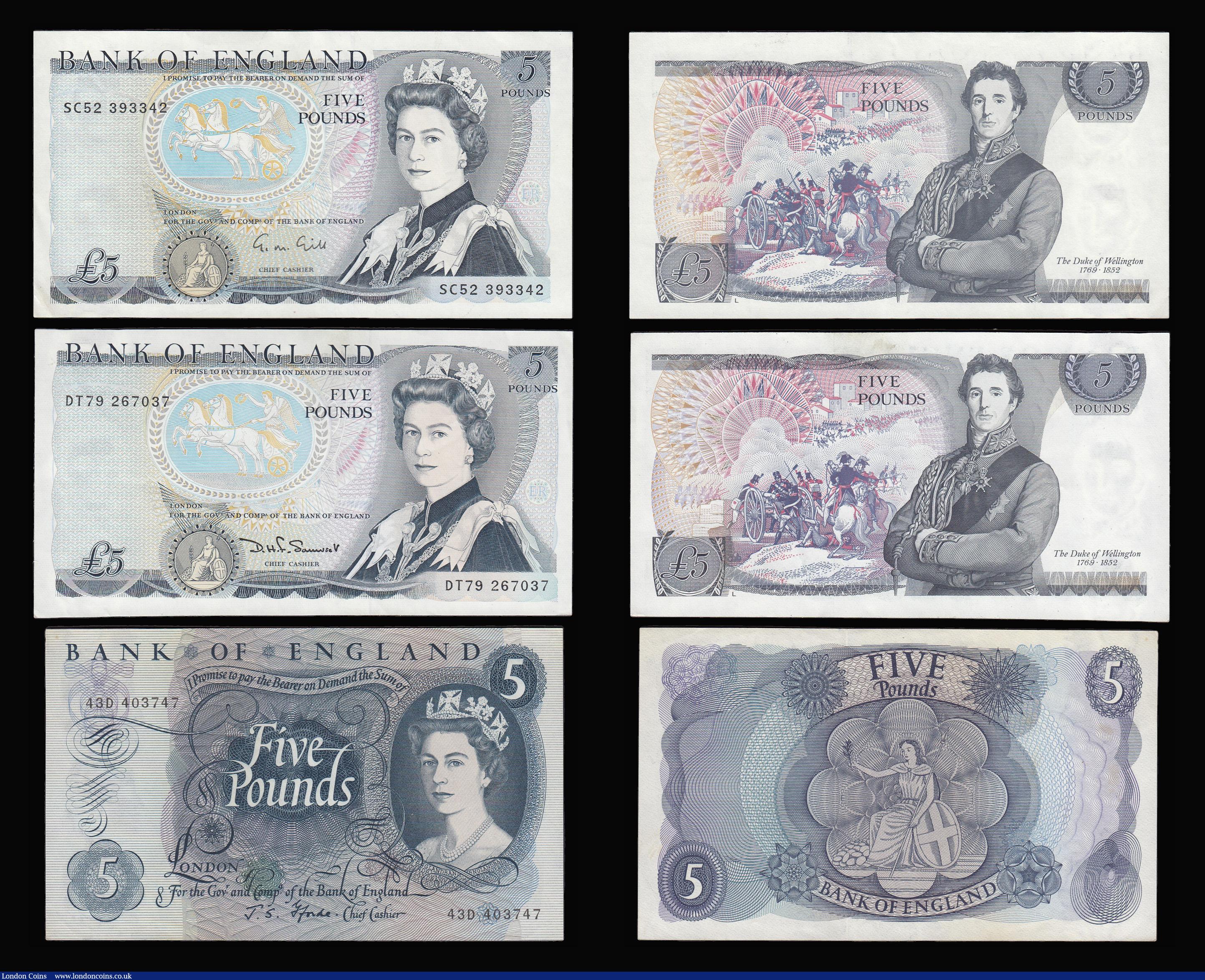 London Coins : A181 : Lot 115 : Five Pounds (6) O'Brien Lion and Key J31 prefix AU, Child Britannia Hollom B05 505469 AU and Ff...