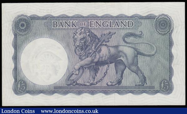 Five Pounds O'Brien B280 Helmeted Britannia at right, Lion and Key reverse issued 1961 EF, K26 prefix : English Banknotes : Auction 181 : Lot 117