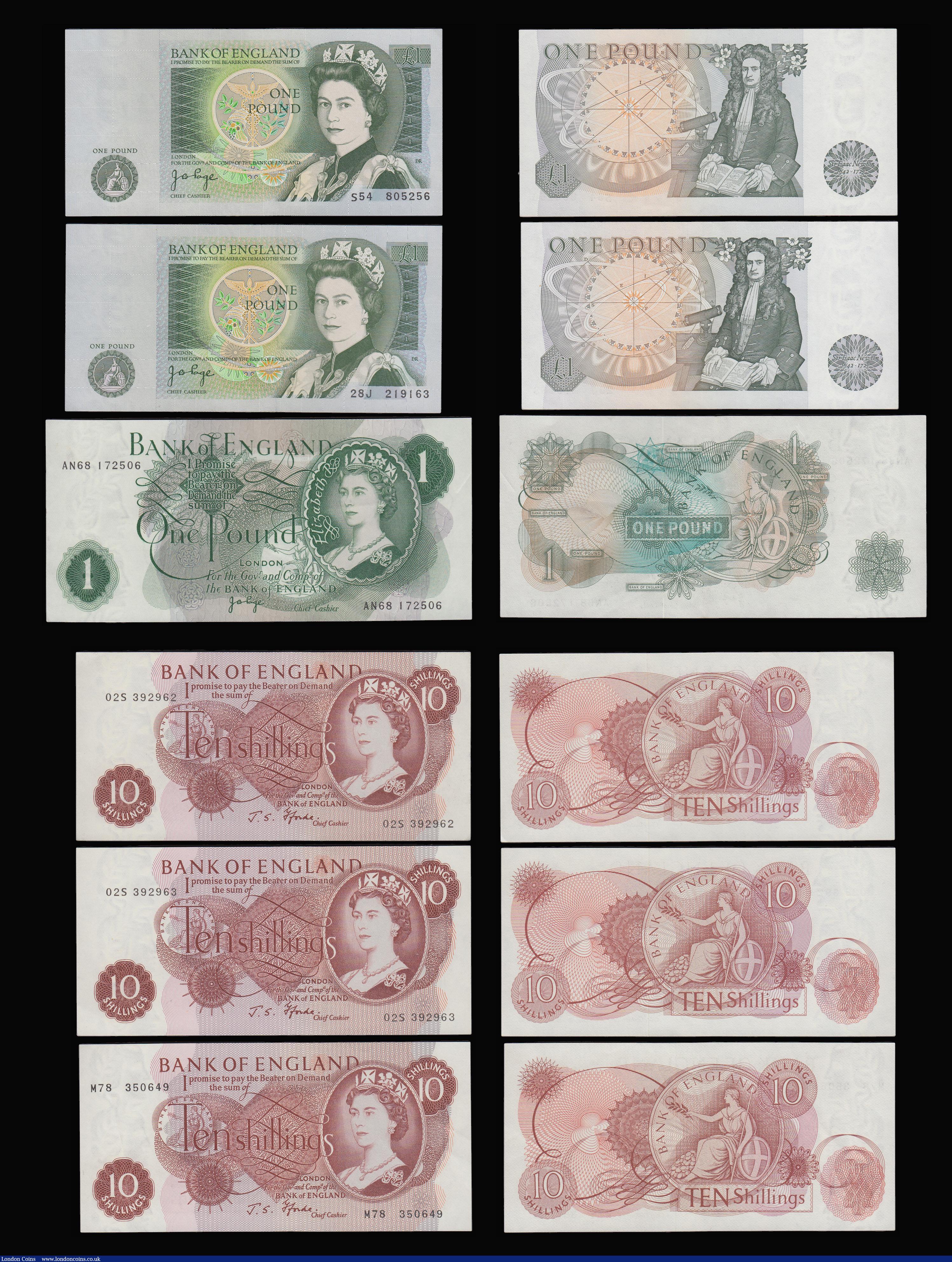 London Coins : A181 : Lot 132 : Ten Pounds Fforde 1967 B316 (5) 4 being consecutives Unc, One Pounds Peppiatt Blue VF E22E prefix, G...
