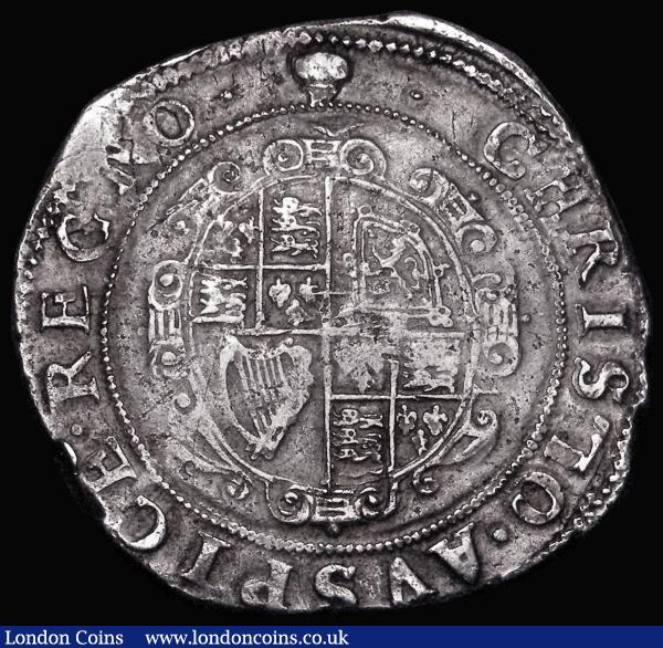 Halfcrown Charles I Group III, Third horseman, type 3a1, no caparisons on horse, scarf flies from King's waist, Reverse: Oval garnished shield, S.2773 mintmark Tun on obverse, reverse mintmark Tun overstruck, the underlying mark unclear, 14.80 grammes, Good Fine and bold, the obverse with some old scratches : Hammered Coins : Auction 181 : Lot 1389