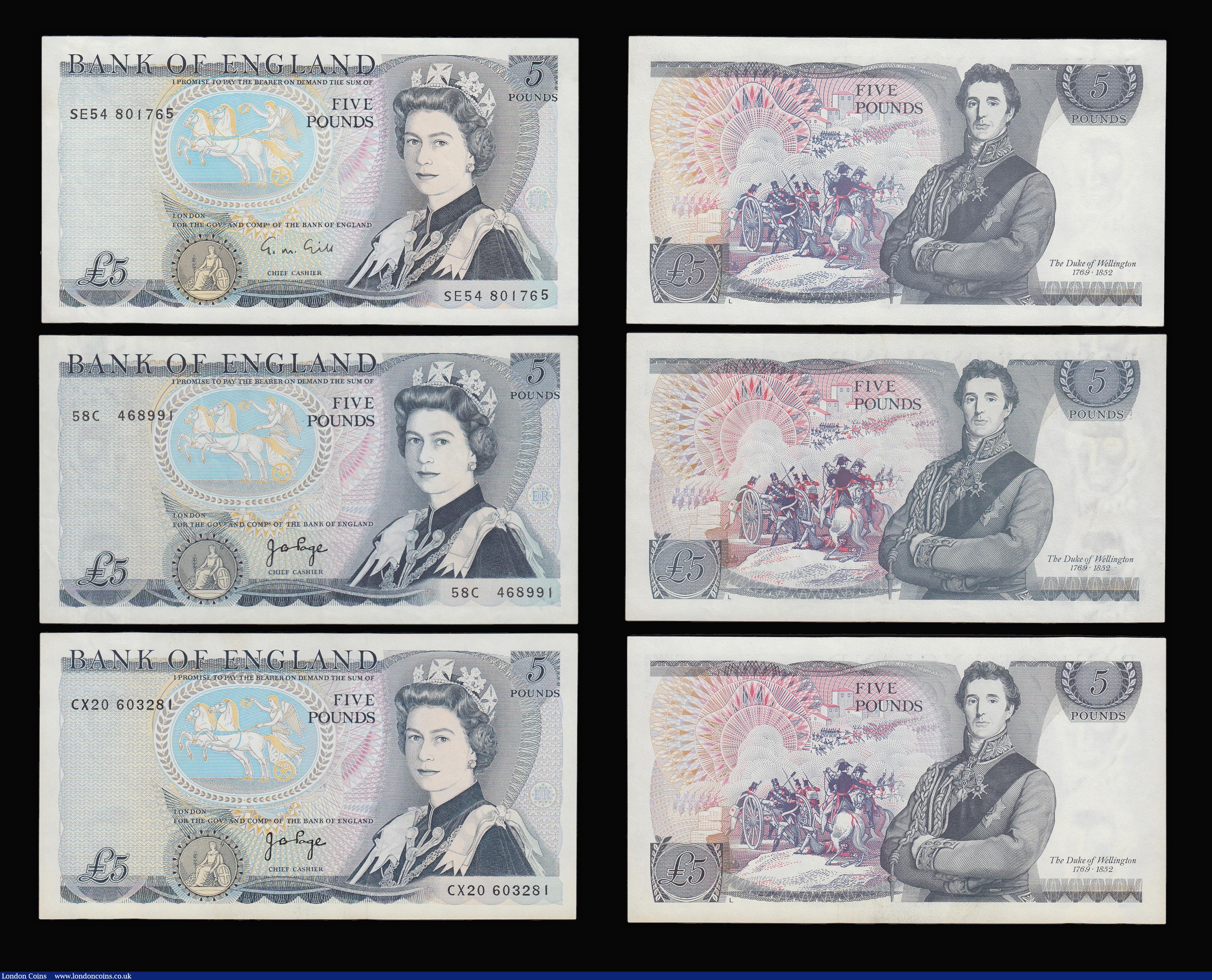 London Coins : A181 : Lot 142 : Five Pounds Wellington reverse (6) Page 1971 B332 C09 prefix EF and a little discoloured, B334 1973 ...