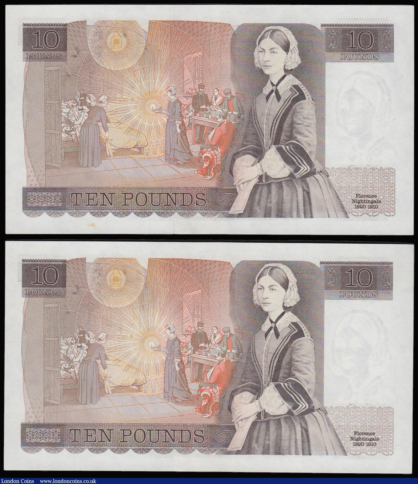 London Coins : A181 : Lot 145 : Ten Pounds Somerset 1980 B346 Florence Nightingale reverse (2 consecutives) Z23 868141 and 142 Unc