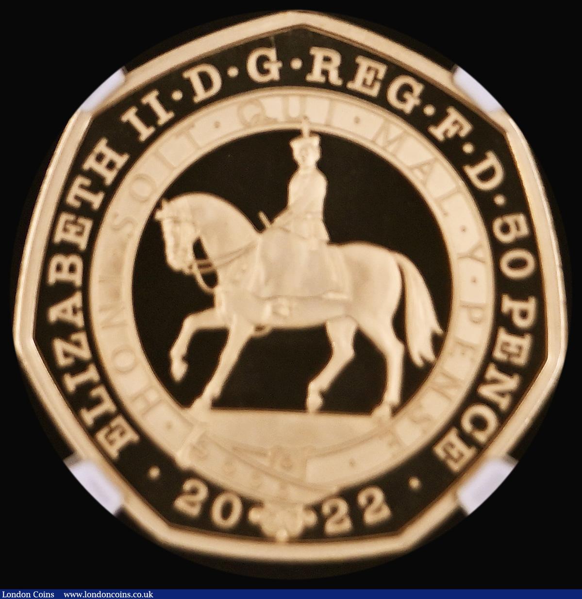 London Coins : A181 : Lot 1650 : Fifty Pence 2022 Queen Elizabeth II Platinum (70th) Jubilee, Obverse: Queen on horseback, Gold Proof...