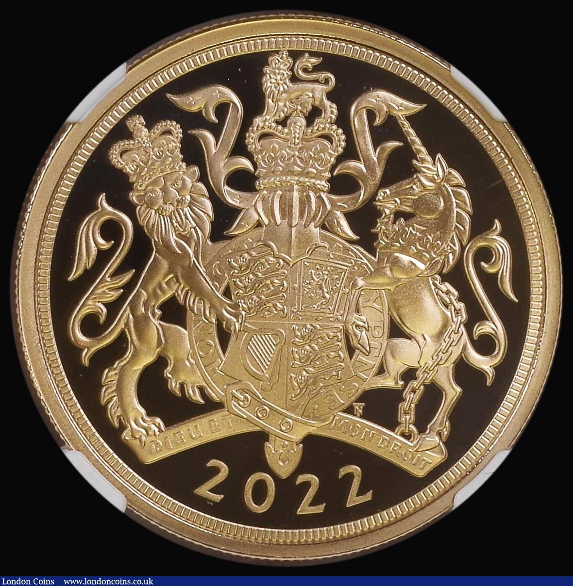 London Coins : A181 : Lot 1664 : Five Pound Crown 2022 Queen Elizabeth II Platinum Jubilee Gold Proof S.SE16, in an NGC holder and gr...