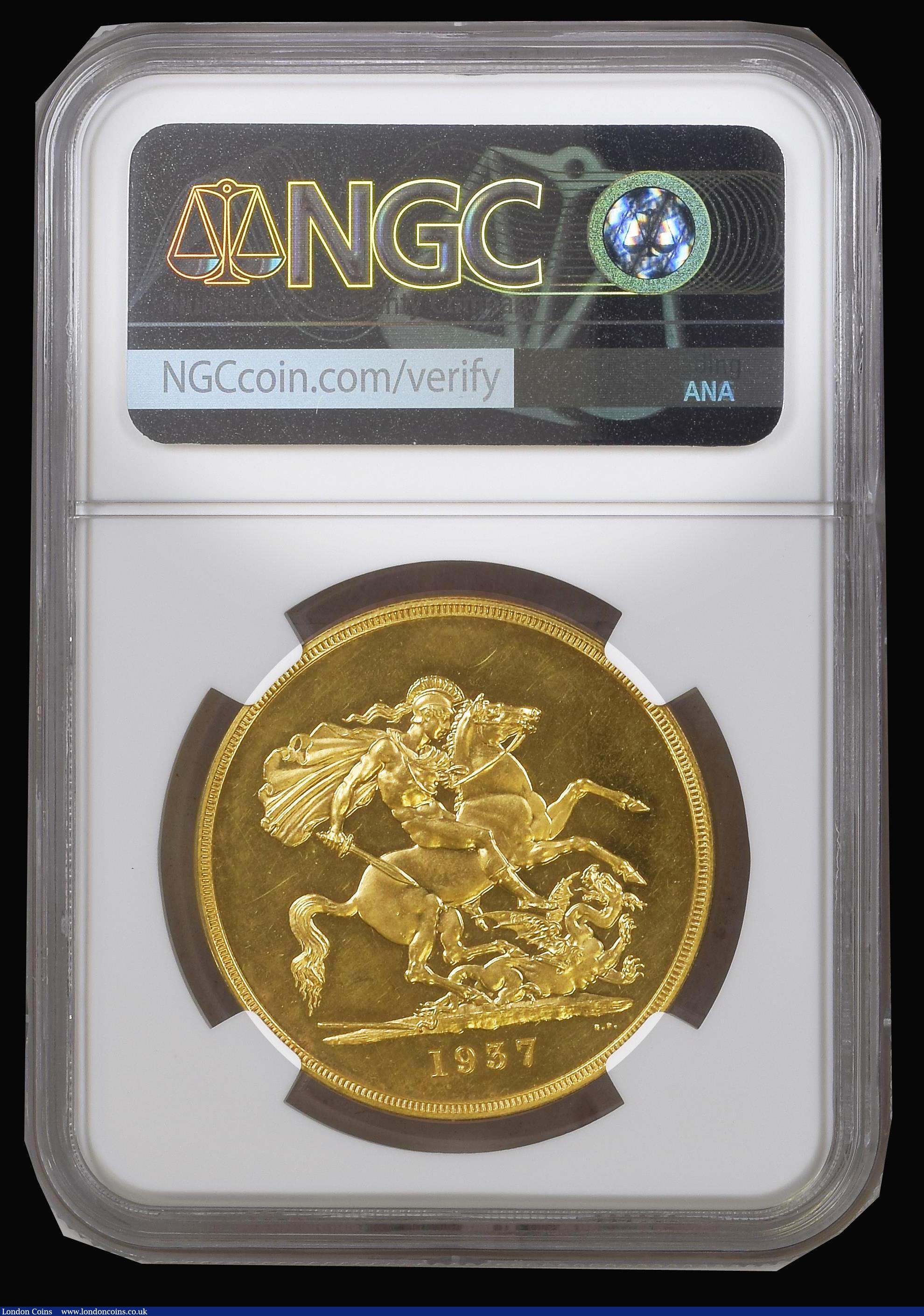 London Coins : A181 : Lot 1673 : Five Pounds 1937 Gold Proof S.4074, Marsh F40, in an NGC holder and graded PF63 Cameo. The only Geor...