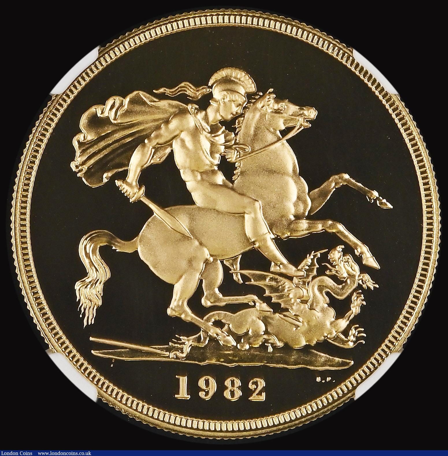 London Coins : A181 : Lot 1678 : Five Pounds Gold 1982 S.SE1 Gold Proof in an NGC holder and graded PF69 Ultra Cameo