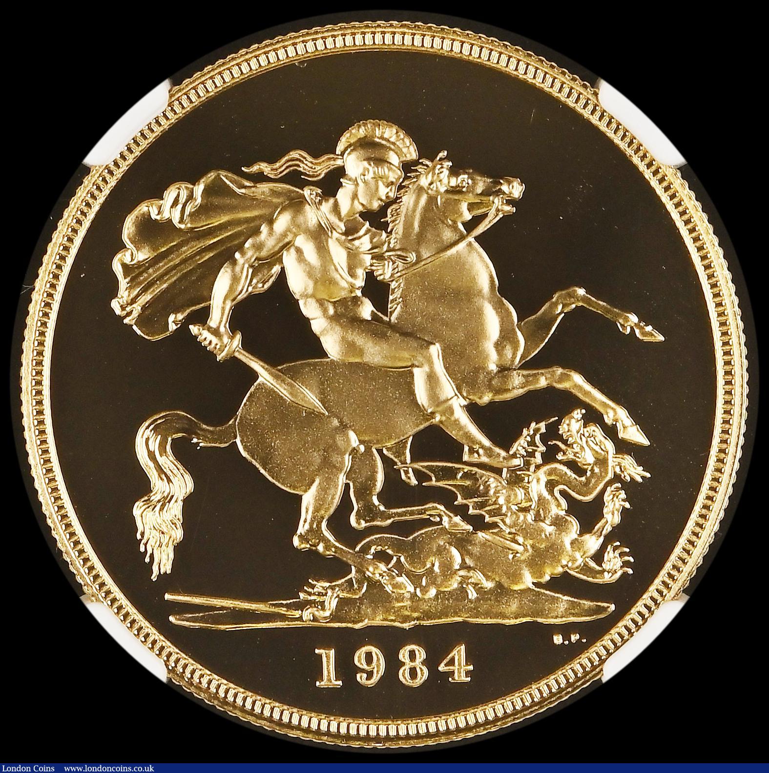 London Coins : A181 : Lot 1680 : Five Pounds Gold 1984 S.SE1 Gold Proof in an NGC holder and graded PF70 Ultra Cameo