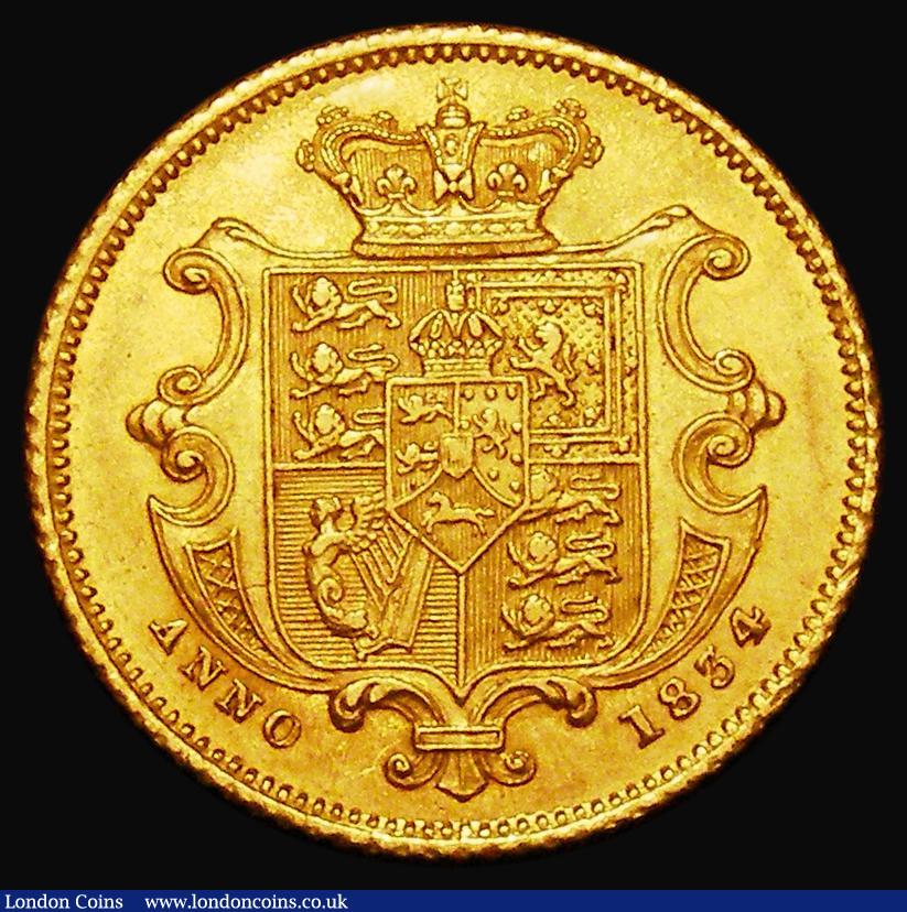 London Coins : A181 : Lot 1776 : Half Sovereign 1834 Small size (17.9mm diameter) Marsh 410, S.3830 AU/EF and lustrous, a most attrac...