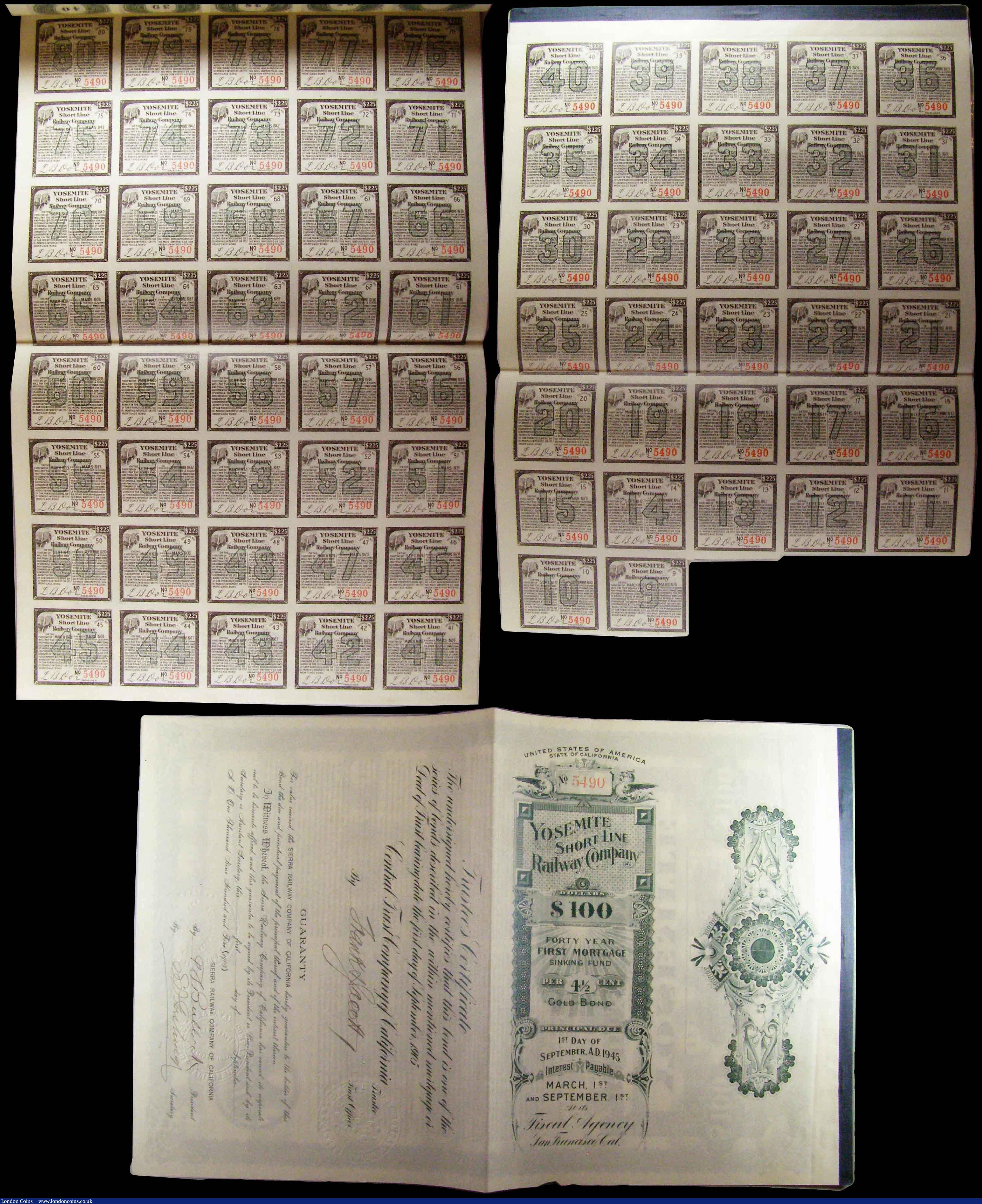 London Coins : A181 : Lot 19 : USA, of Historical Railway interest - Yosemite Short line Railway Company 40 Year First Mortgage Sin...