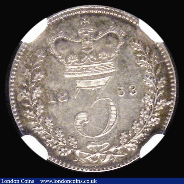 Threepence 1853 ESC 2060, Bull 3384, in an NGC holder and graded MS63 (states Maundy on the holder) : English Coins : Auction 181 : Lot 2312