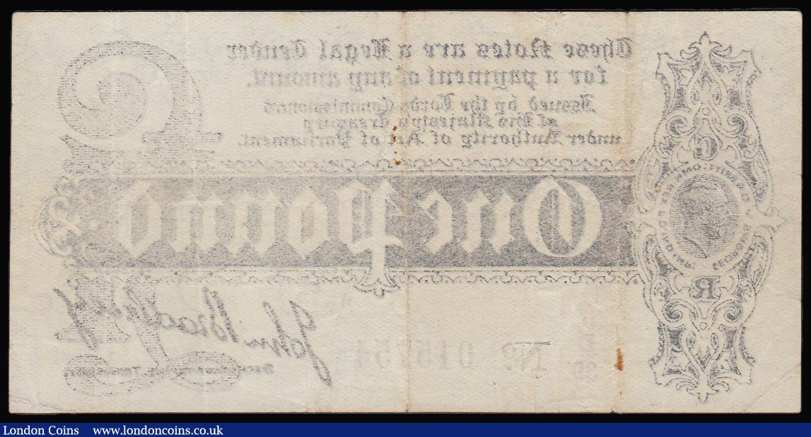 London Coins : A181 : Lot 26 : One Pound Bradbury T3.3 issued 1914, D/39 015754, probably nearer VF than Fine