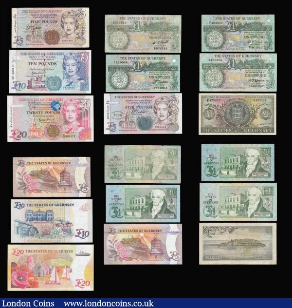Guernsey (12) 1 Pound Hodder Pick 46b VF some dirt reverse, 1 Pounds Clark, Brown, Bull and Trestain the Trestain Unc others F-VF, 5 Pounds 2000 Millennium Unc, 5 Pounds Trestain VF, signed Haines 10 Pounds, 20 Pounds (3 with 2 being consecutives) 50 Pounds Trsetain Pick 59 these higher denominations Unc  : World Banknotes : Auction 181 : Lot 278