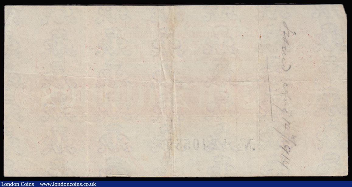London Coins : A181 : Lot 29 : Ten Shillings Bradbury T9 First issue Dash in No. ornate font and 6 digit serial issued 1914 serial ...