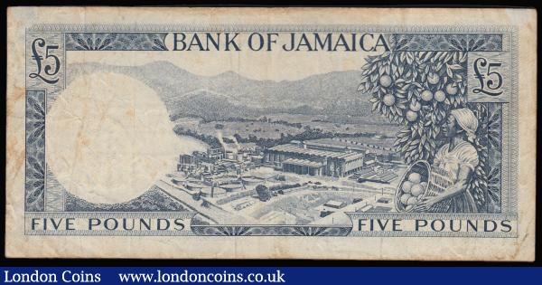 Jamaica £5 issued 1960-64 Roman serial numbers signed Brown Pick 52d GF JQ 836107 , QE2 at left, Fine some dirt a scarce seldom offered issue : World Banknotes : Auction 181 : Lot 313