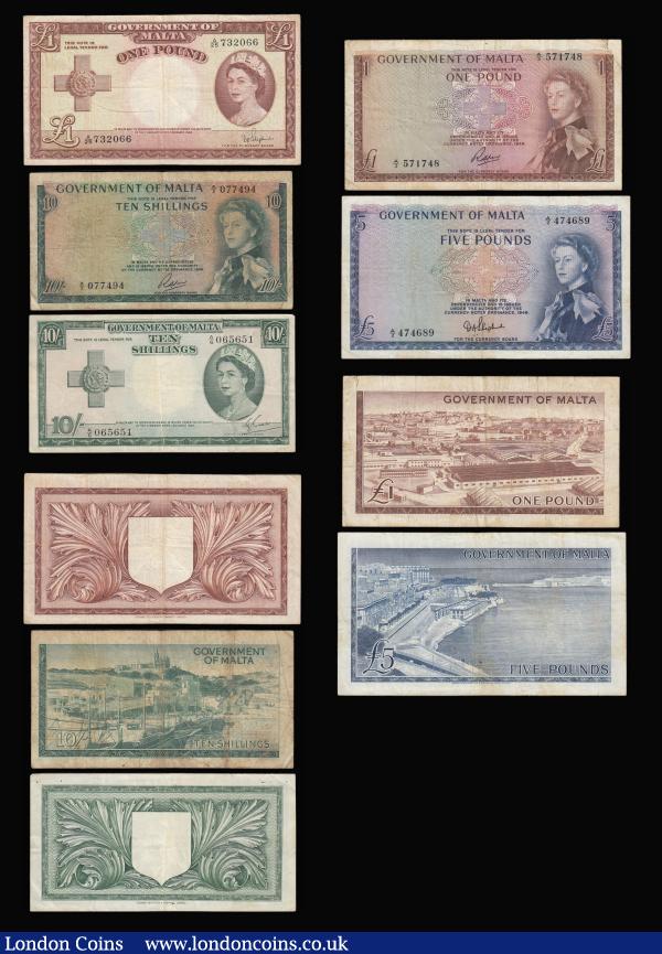 Malta 10 Shillings L1949 signed Cuschieri Pick 23a VF pin holes, L1949 Shepherd issues 1 Pound Pick 24b pleasant Fine and Five Pounds nVF some dirt, 1 Pound L1949 Soler Pick 26a Fine small tear top right, 10 Shillings Green (1963) Pick 10 about Fine, 1967 issues 10 Shillings, 1 Pound, 5 Pounds Pick 10,11 and 12 VF or near so : World Banknotes : Auction 181 : Lot 325