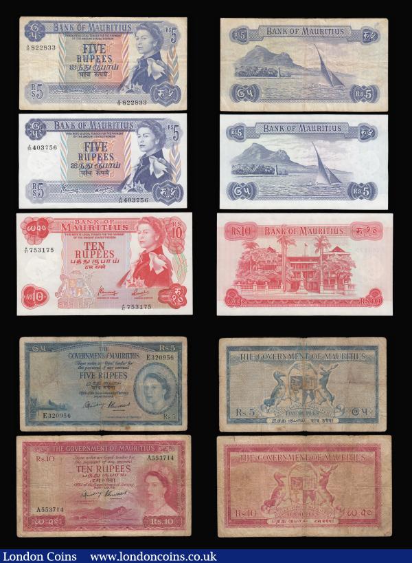 Mauritius 5 Rps (1954) Pick 27 VG, 5 Rps Pick 30b Fine and 30C Unc. 10 Rps (1954) Pick 28 VG-Fine, 10 Rps Pick 31c Unc, 25 Rps and 50 Rps signed Bunwaree and Ramphil (1973-82) the 25 Fine the 50 Good : World Banknotes : Auction 181 : Lot 326
