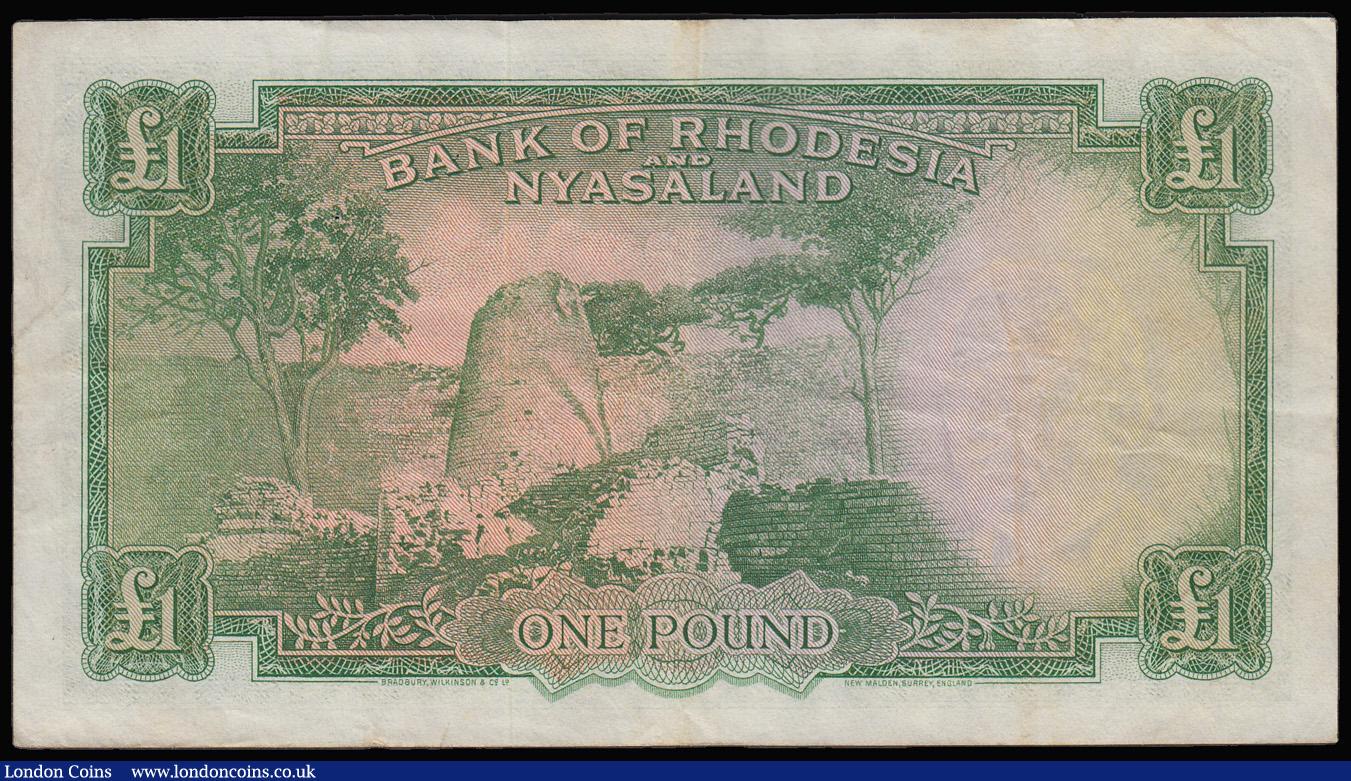 London Coins : A181 : Lot 363 : Rhodesia and Nyasaland 1 Pound Salisbury 12th February 1960 Fine with two pinholes Pick 21a