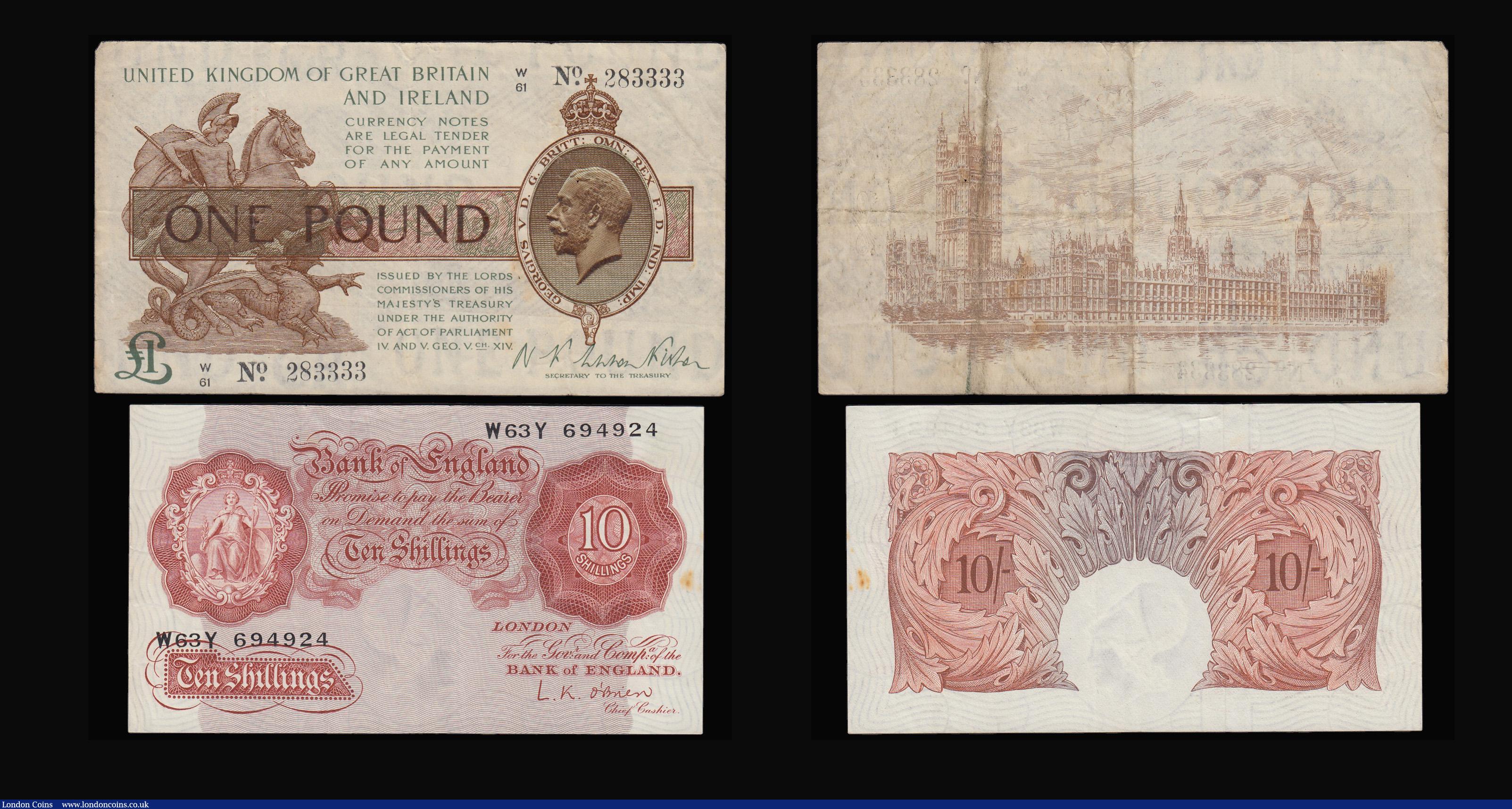 London Coins : A181 : Lot 37 : One Pound Warren Fisher 1919 T24 W/61 283333 better than Fine with some small holes around George V ...
