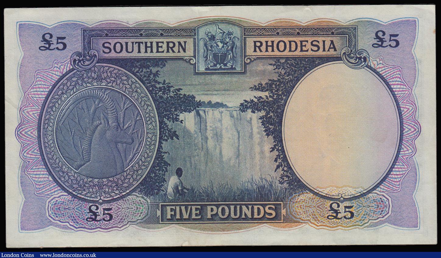 London Coins : A181 : Lot 413 : Southern Rhodesia Five Pounds George VI portrait Salisbury 1st September 1951 Pick 11f serial number...