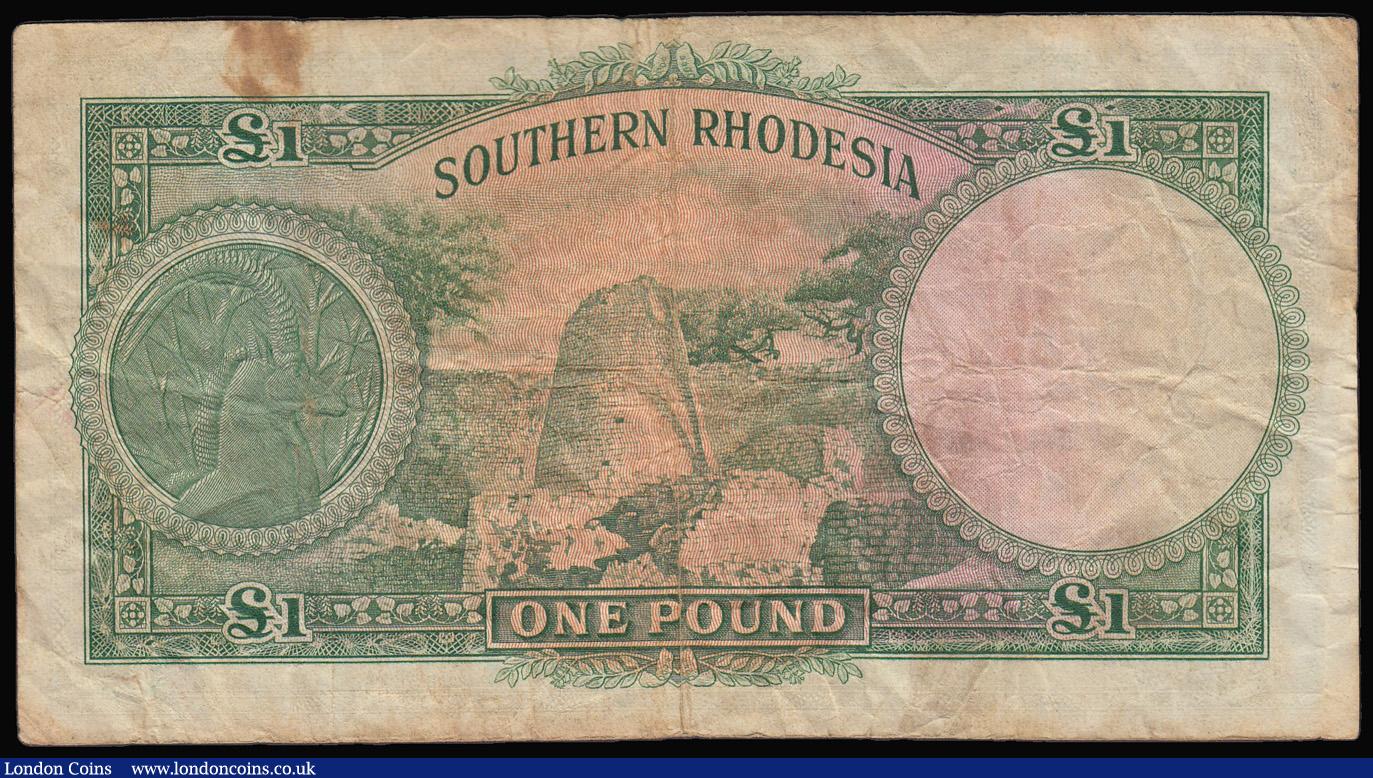 London Coins : A181 : Lot 414 : Southern Rhodesia One Pound George VI Salisbury 10 January 1950 B/95 028,437 Fine and rarely offered