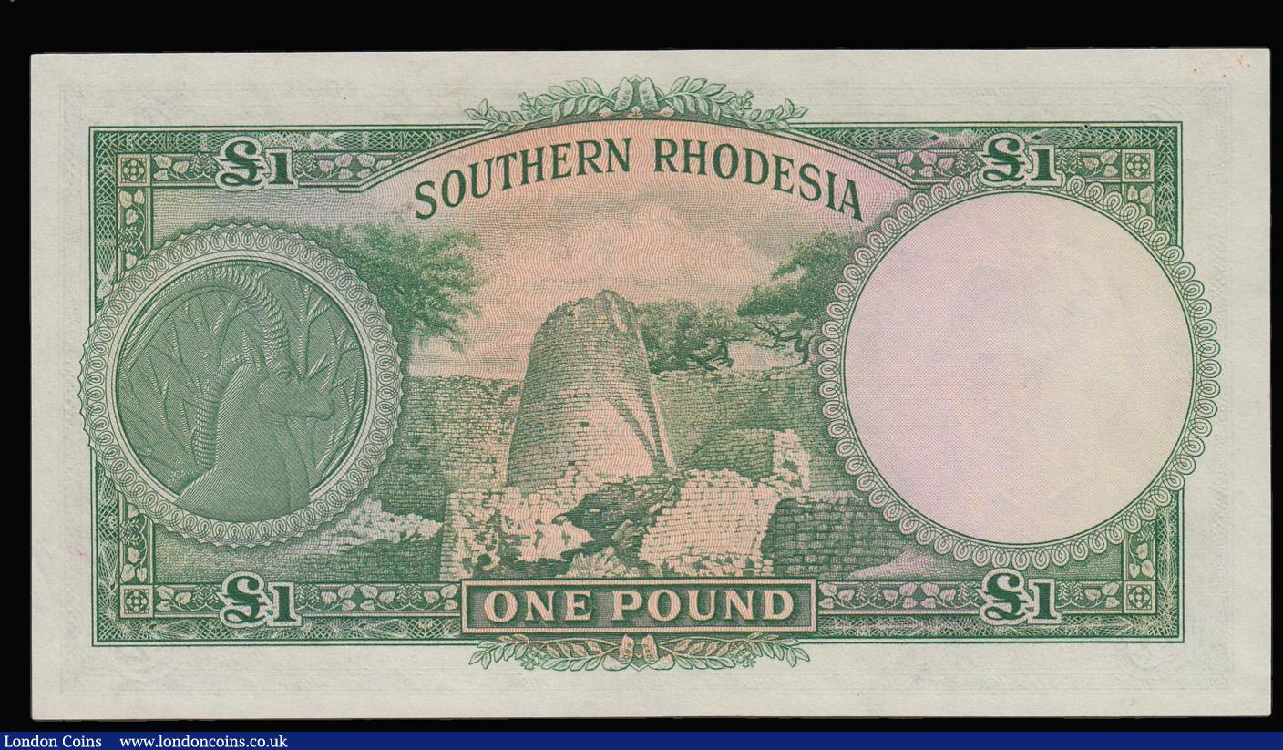 London Coins : A181 : Lot 416 : Southern Rhodesia One Pound Salisbury 1st December 1952 Pick 13a serial number B/169 000,011 Unc or ...