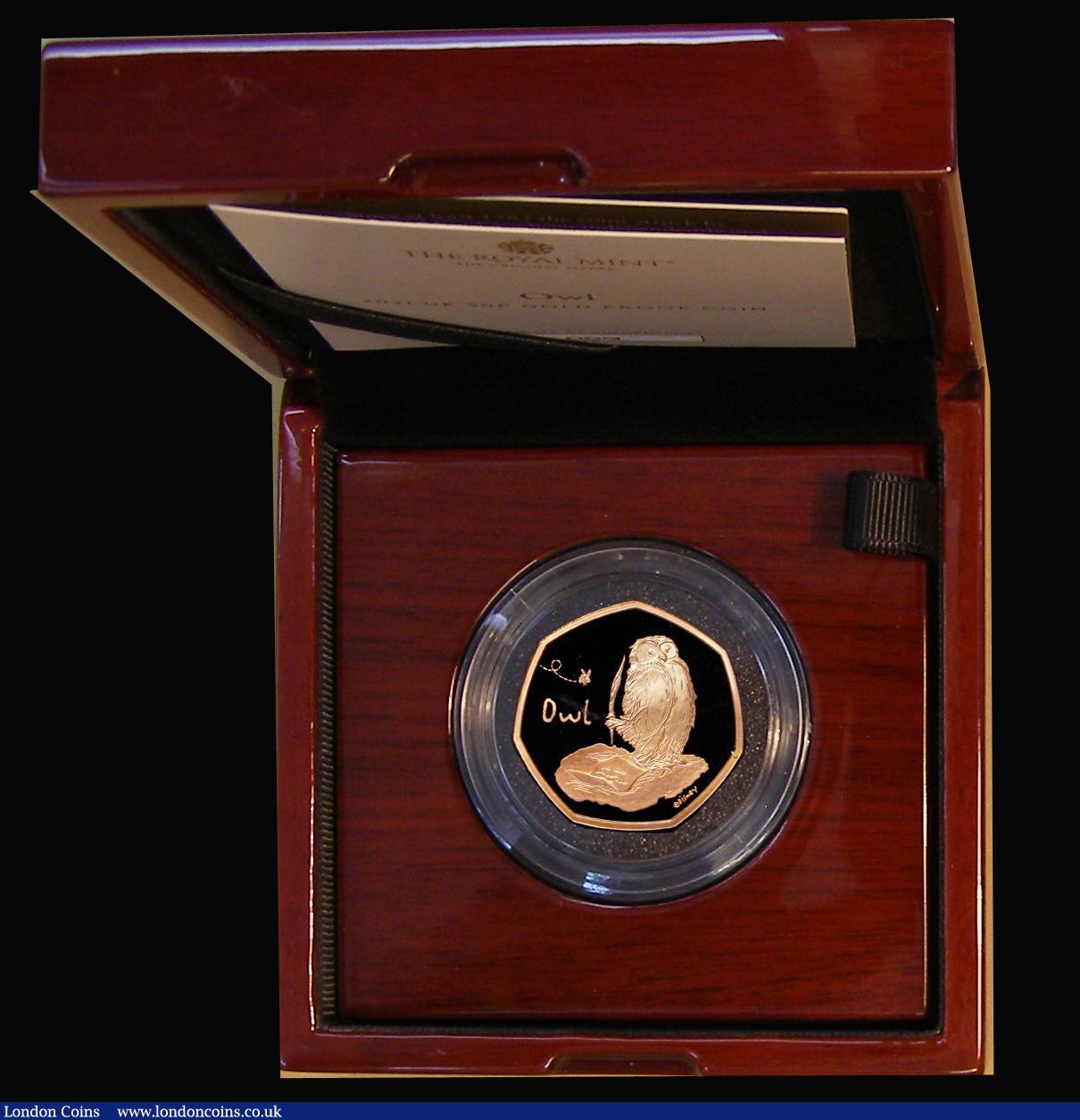 London Coins : A181 : Lot 460 : Fifty Pence 2021 Winnie the Pooh - Owl S.H100 Gold Proof, a hint of toning on the obverse, otherwise...
