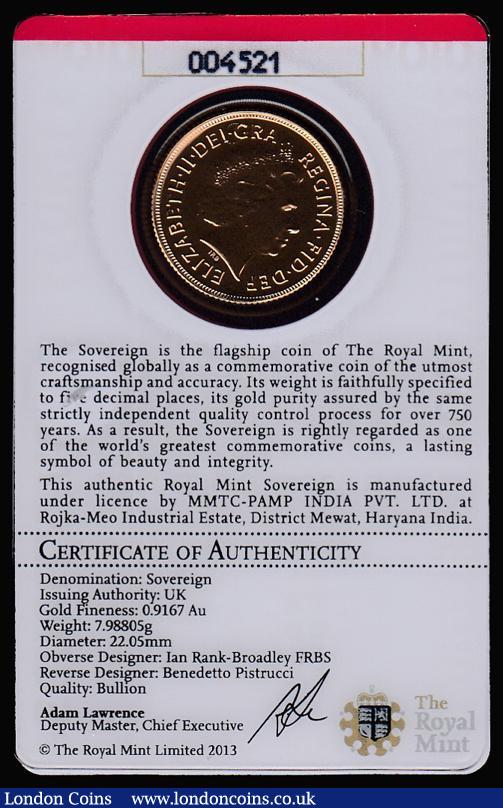 Sovereign 2013 I S.SC7A Lustrous UNC on the Royal Mint card of issue : English Cased : Auction 181 : Lot 563