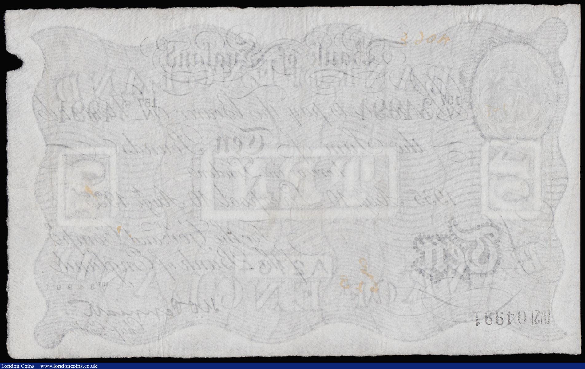London Coins : A181 : Lot 61 : Ten Pounds Peppiatt white B242 Liverpool 10th August 1935 157/V 34991, VF with some faint numbers fr...