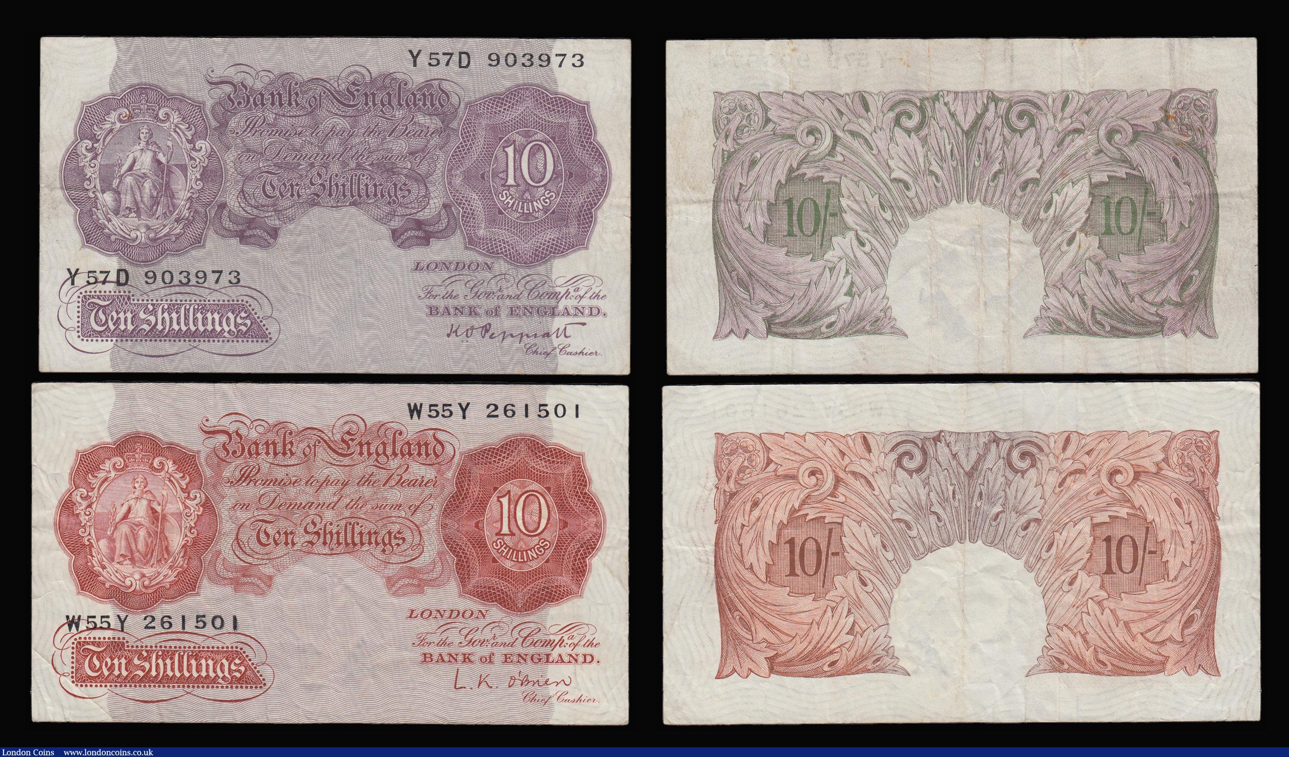 London Coins : A181 : Lot 66 : Ten Shillings Peppiatt Mauve Y57D prefix VF, O'Brien 1955 B271 VF, Pound Peppiatt Blue H52H pre...