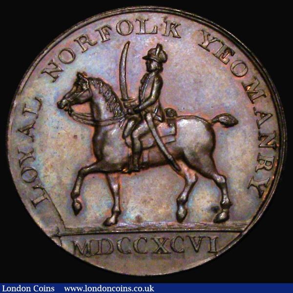 Halfpenny 18th Century Norfolk - Blofield 1796, Obverse: A group of weapons and musical instruments, with banner above, BLOFIELD CAVALRY,  Reverse: A mounted dragoon, ROYAL NORFOLK YEOMANRY, In Exergue: MDCCXCVI, Edge: FERA GOD AND HONOUR THE KING, the last part of the edge legend weak or missing, DH6, EF : Tokens : Auction 181 : Lot 730