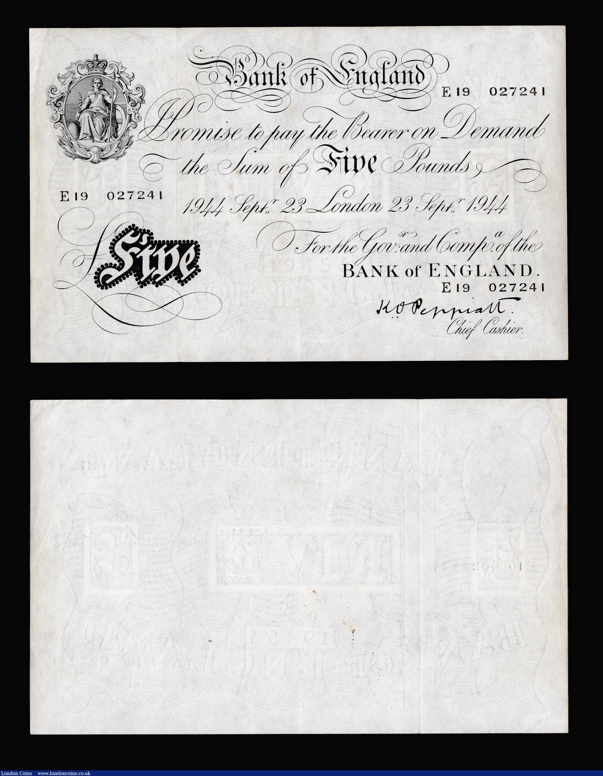 London Coins : A181 : Lot 74 : Five Pounds Peppiatt White Note thick paper B255 dated 23 September 1944 earlier series E19 027421, ...