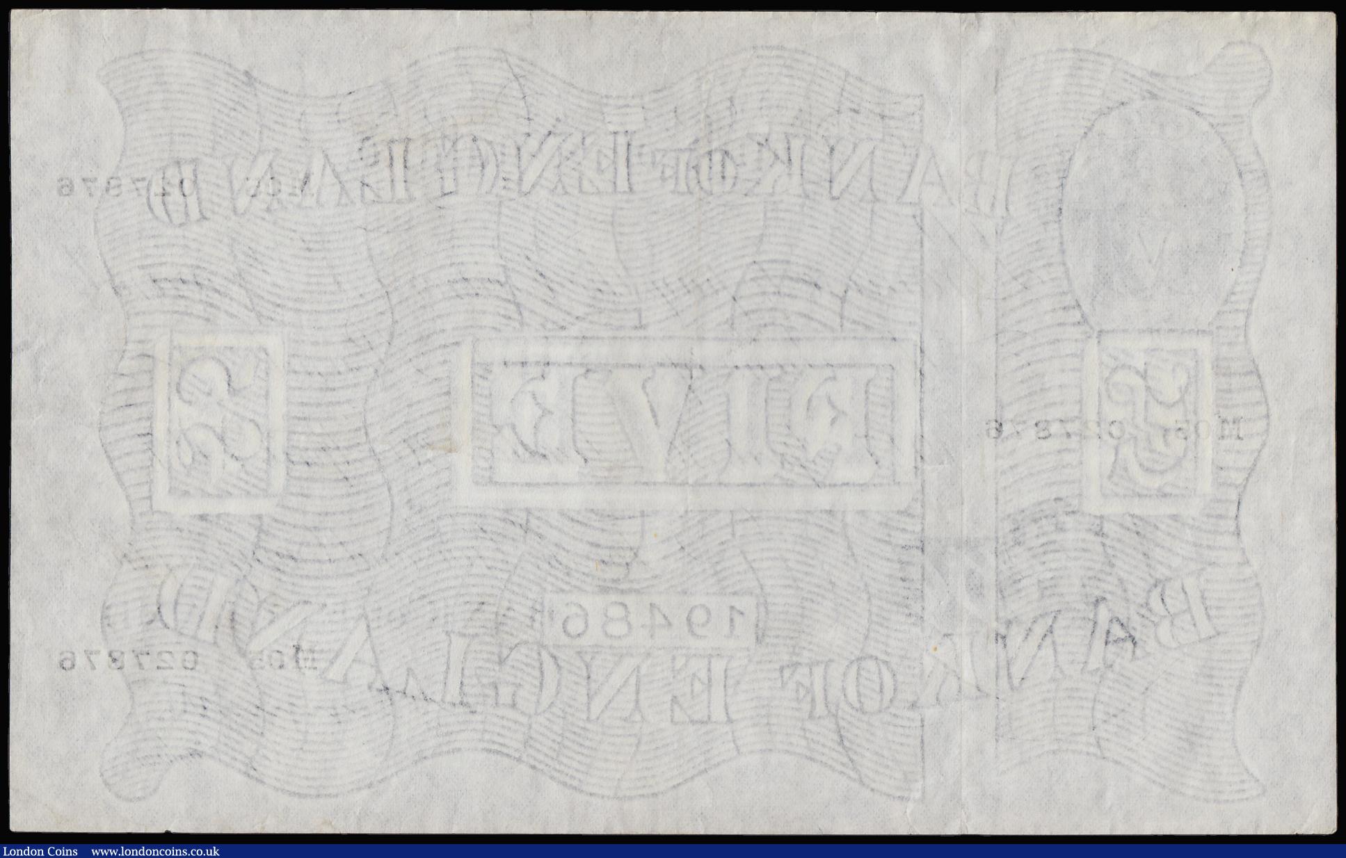London Coins : A181 : Lot 80 : Five Pounds White Peppiatt. B264. 30th April 1947. M05 027876. EF faint brown discolouration top edg...