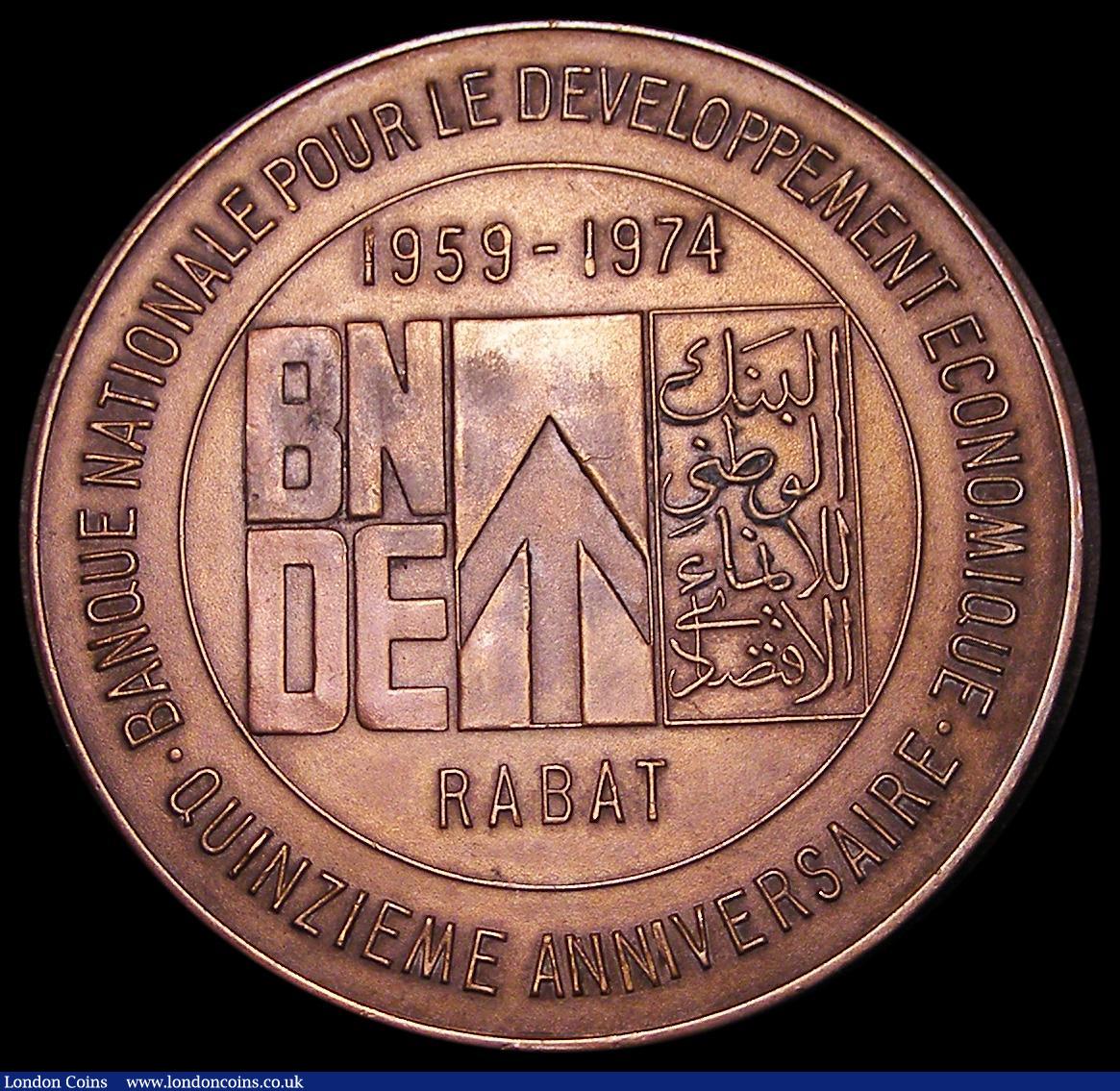 London Coins : A181 : Lot 825 : Morocco National Development Bank 1959-1974 56mm diameter in bronze, Obverse: Bust of Hassan II left...