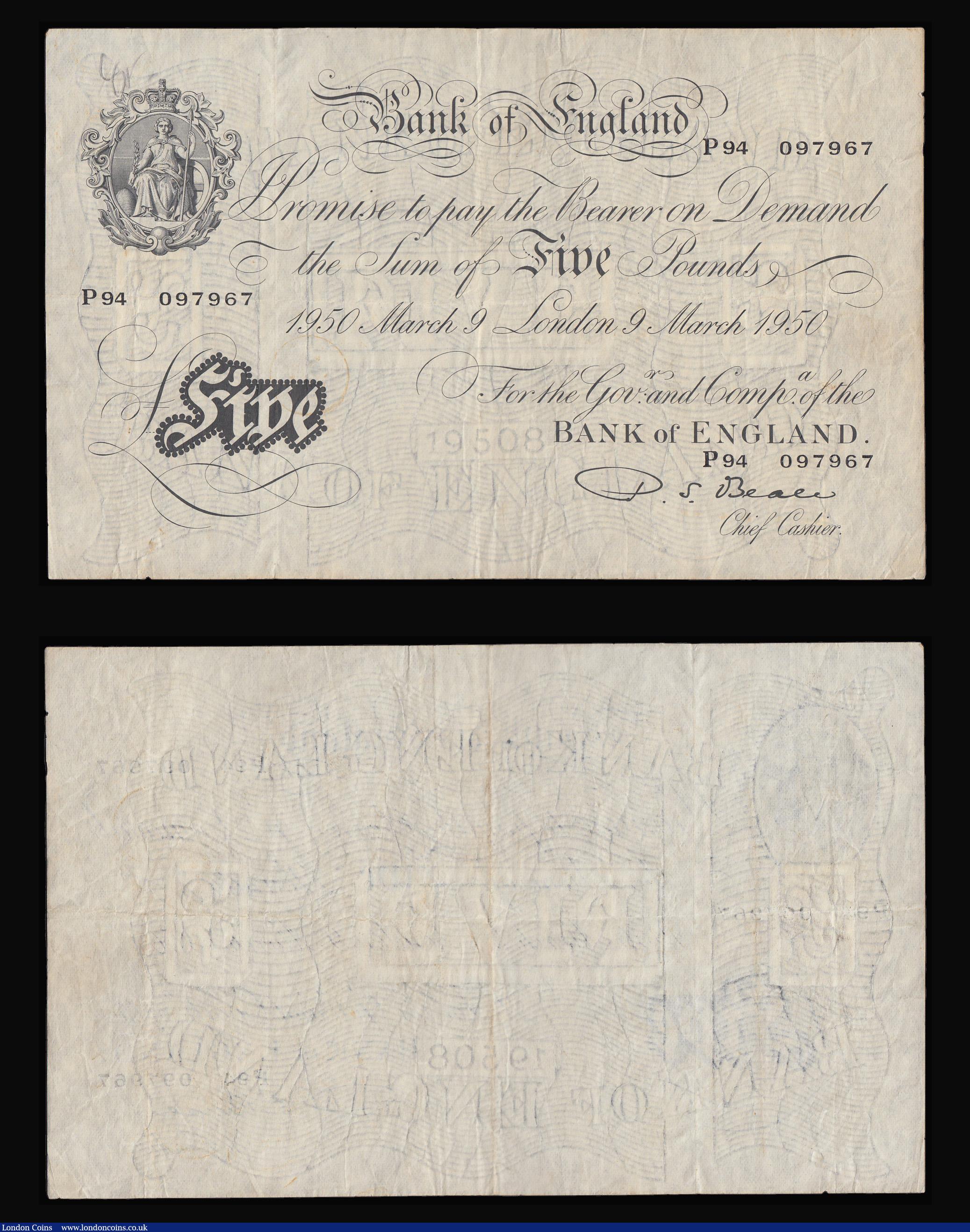 London Coins : A181 : Lot 85 : Five Pounds Beale White (2) 2 September 1949 O32 016478 and 9 March 1950 P94 097967 F-VF  the 1949 w...