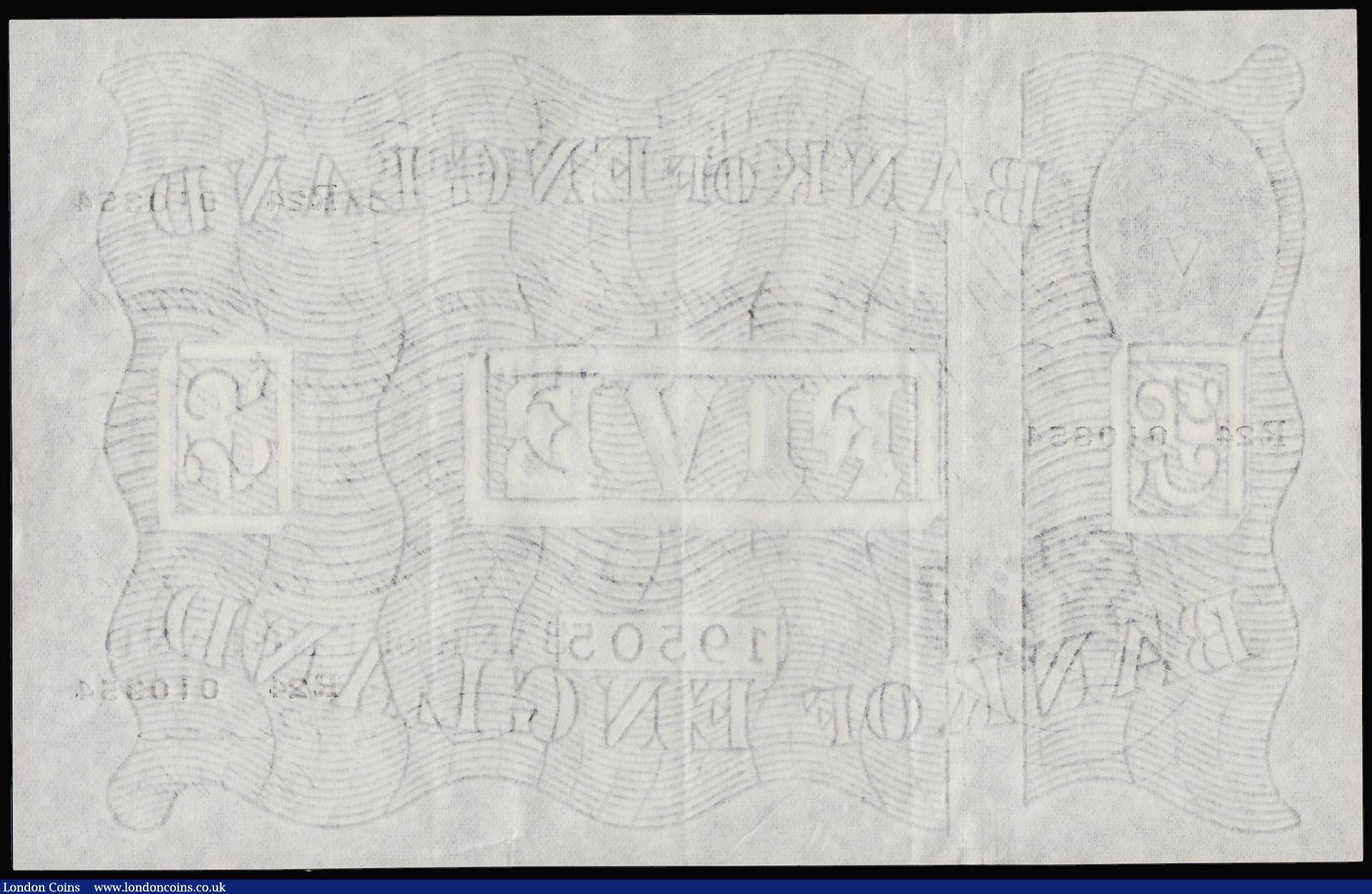 London Coins : A181 : Lot 87 : Five Pounds Beale white B270 dated 13th April 1950 prefix R24, crisp EF with some light centre folds