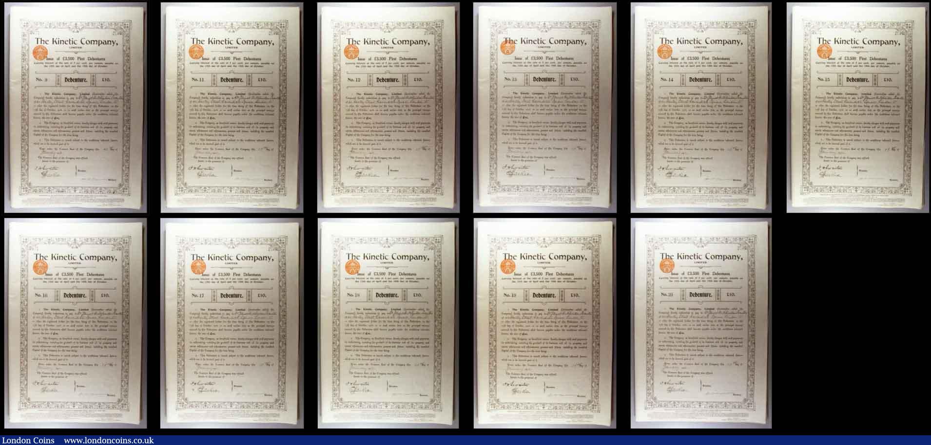 London Coins : A181 : Lot 9 : Great Britain (21) The Kinetic Company Limited, 1910 issue for  £3500 First debentures, each f...