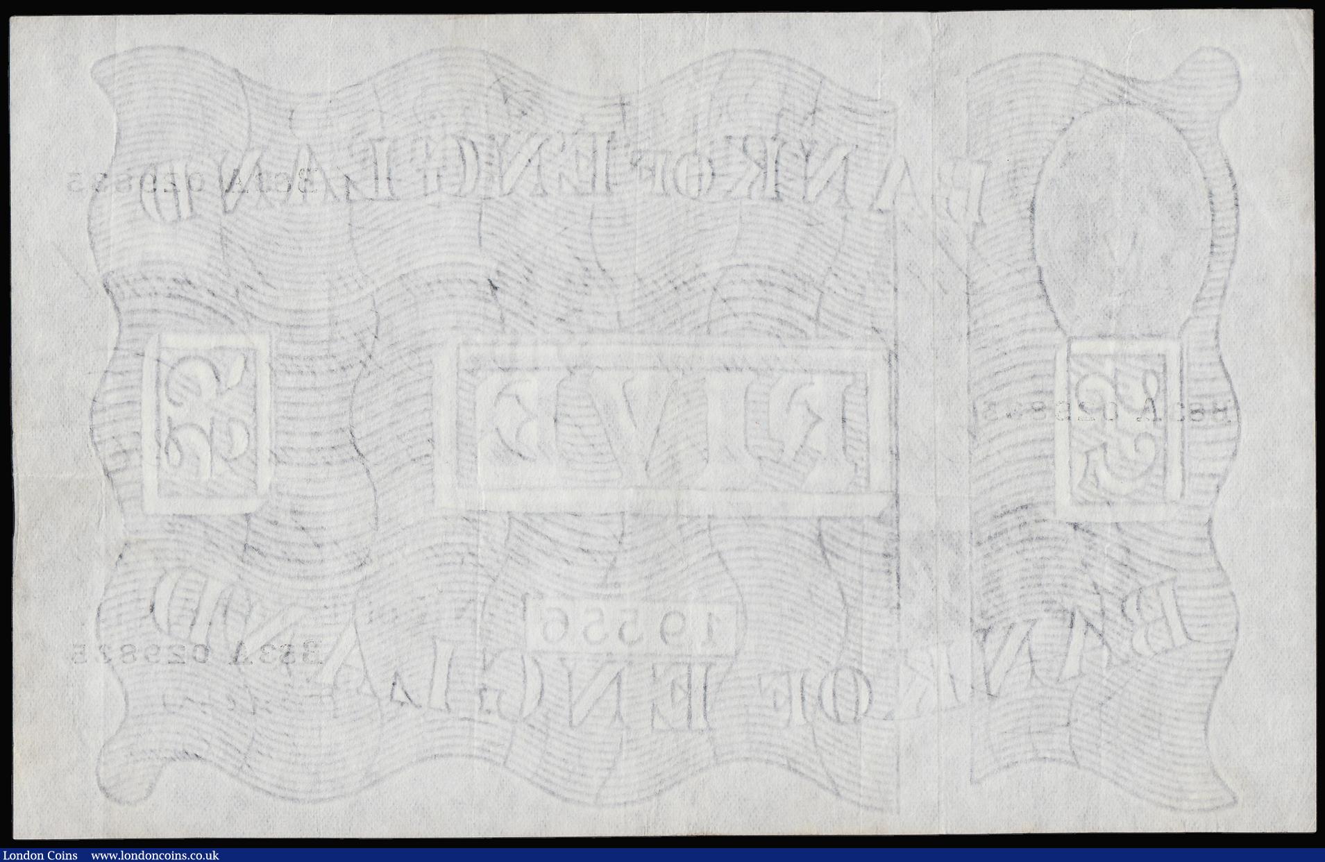 London Coins : A181 : Lot 92 : Five Pounds O'Brien white B275 dated 13th January 1956 series B83A 029835, EF