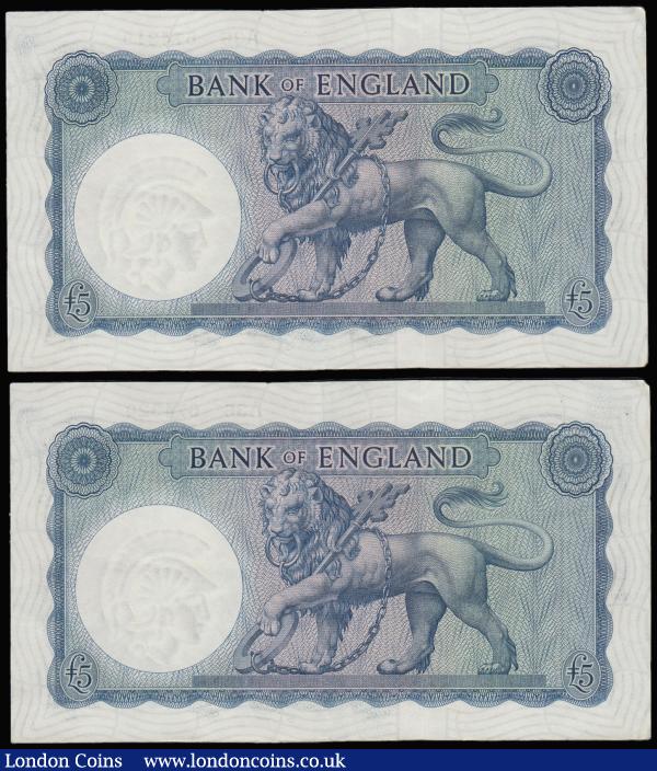Five Pounds O'Brien B277 Helmeted Britannia at right, Lion and Key reverse issued 1957 (2 consecutives) A36 674319 and 674320 AU : English Banknotes : Auction 181 : Lot 94