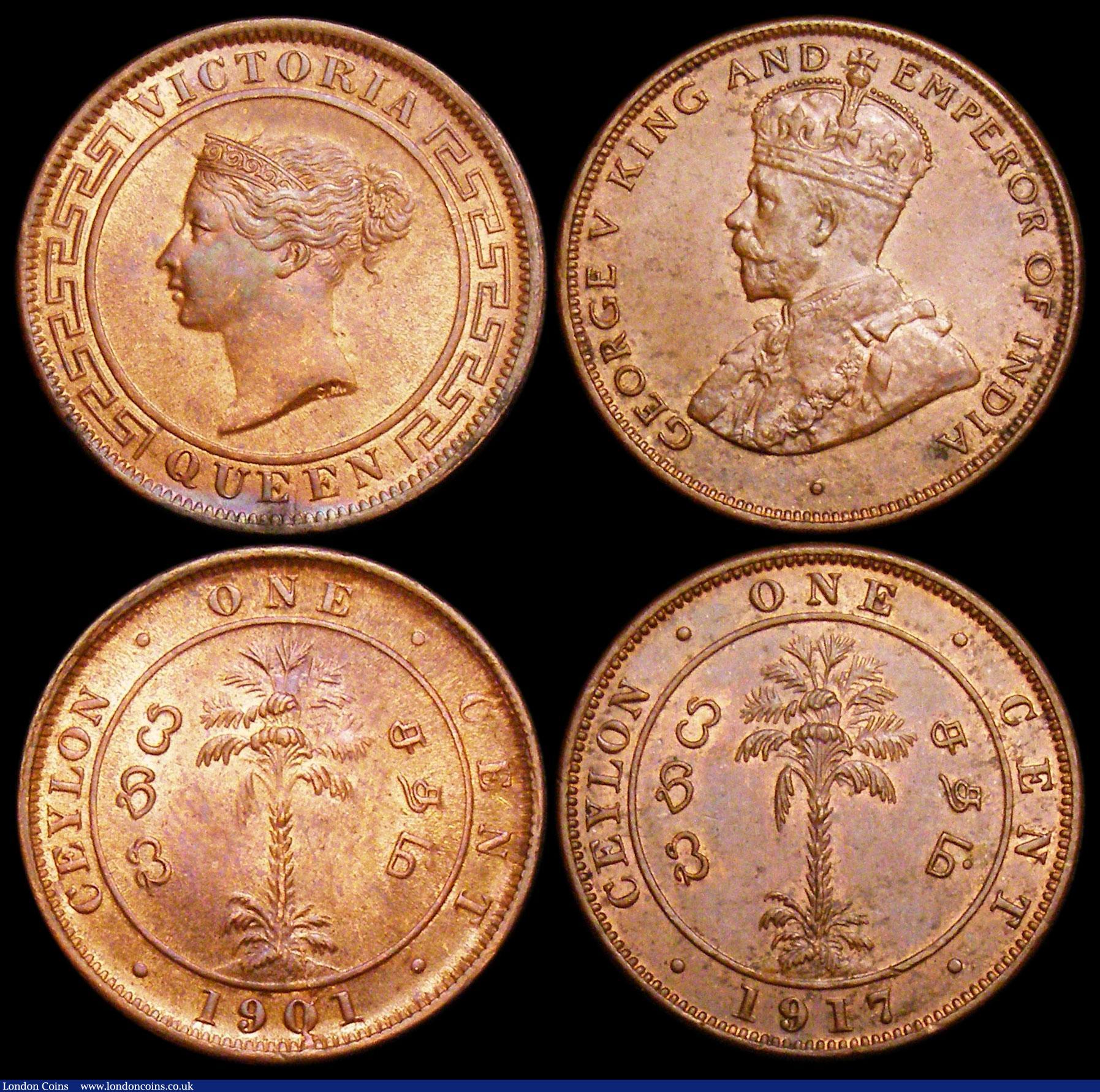 London Coins : A181 : Lot 952 : Ceylon (3) 50 Cents 1893 KM#96 EF and lustrous with some contact marks, One Cent (2) 1901 KM#92 Lust...