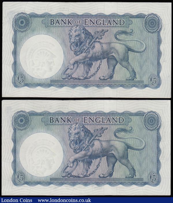 Five Pounds O'Brien B277 Helmeted Britannia at right, Lion and Key reverse issued 1957 (2 consecutives) A36 674383 and 674384 AU-Unc : English Banknotes : Auction 181 : Lot 96