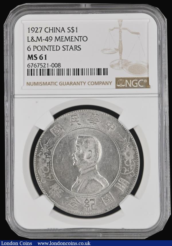 China - Republic Dollar Memento, undated (1927) 6-pointed stars, L&M 49, in an NGC holder and graded MS61  : World Coins : Auction 182 : Lot 1060