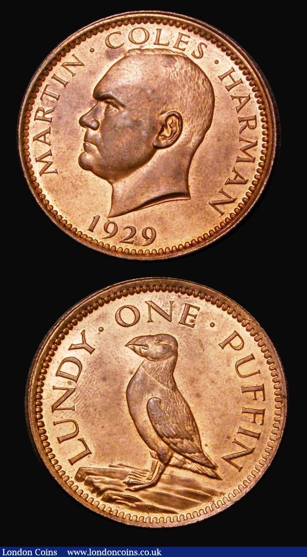 Lundy (2) Puffin 1929 S.7850, UNC and lustrous with minor cabinet friction and some small tone spots, Half Puffin 1929 S.7851 Lustrous UNC with a tone spot on the date : World Coins : Auction 182 : Lot 1252