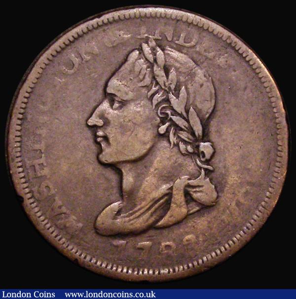 USA Token Washington Cent 1783 Reverse UNITY STATES OF AMERICA , ONE CENT within wreath, 1/100 fraction below,  Breen 1188, outer legend and date weakly struck, head and wreath both mainly bold, Fine/VG : World Coins : Auction 182 : Lot 1420