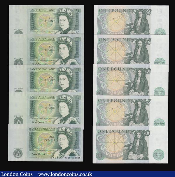 One Pound Warren Fisher T24 issued 1919 prefix T/76 VF, 5 Pounds O'Brien Lion and Key B22 905303 GVF, 1 Pounds Isaac Newton (10) Somerset and Page Unc some being consecutives  : English Banknotes : Auction 182 : Lot 15