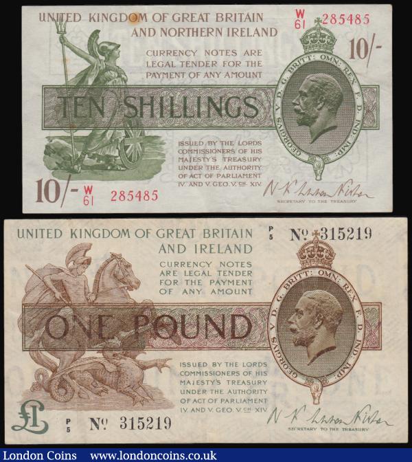 Warren Fisher (2) One Pound 1919 T24 P/5 315219 nearer VF than Fine, Ten Shillings 1927 T33 W/61 285485 GVF with some brown stains : English Banknotes : Auction 182 : Lot 16