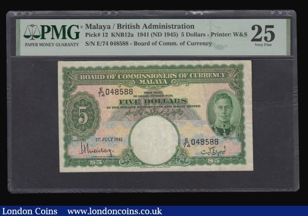 Malaya Board of Commissioners of Currency 5 Dollars King George VI portrait dated 1st July 1941 signature Hyman Weisberg Pick 12, KNB12a, E/74 048588 Very Fine PMG 25 : World Banknotes : Auction 182 : Lot 188