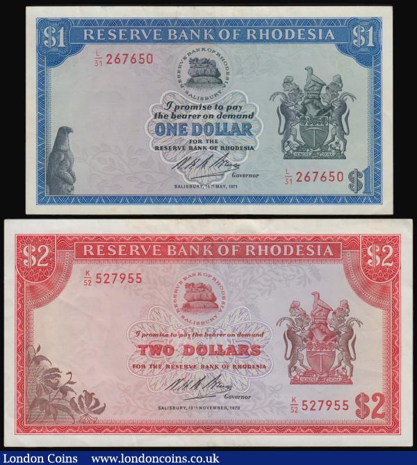 Rhodesia (2) 1 Dollar 14 May 1971 Pick 30c and 2 Dollars 10 November 1970 Pick 31d both nEF with some light dirt : World Banknotes : Auction 182 : Lot 208