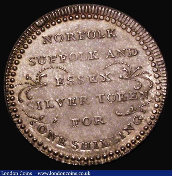 Shilling 19th Century Norfolk - County, Obverse: NORFOLF SUFFOLK AND ESSEX SILVER TOKEN FOR ONE SHILLING, Reverse: View of Eddystone lighthouse VALUE ONE SHILLING , Davis 1, EF and attractively toned : Tokens : Auction 182 : Lot 579