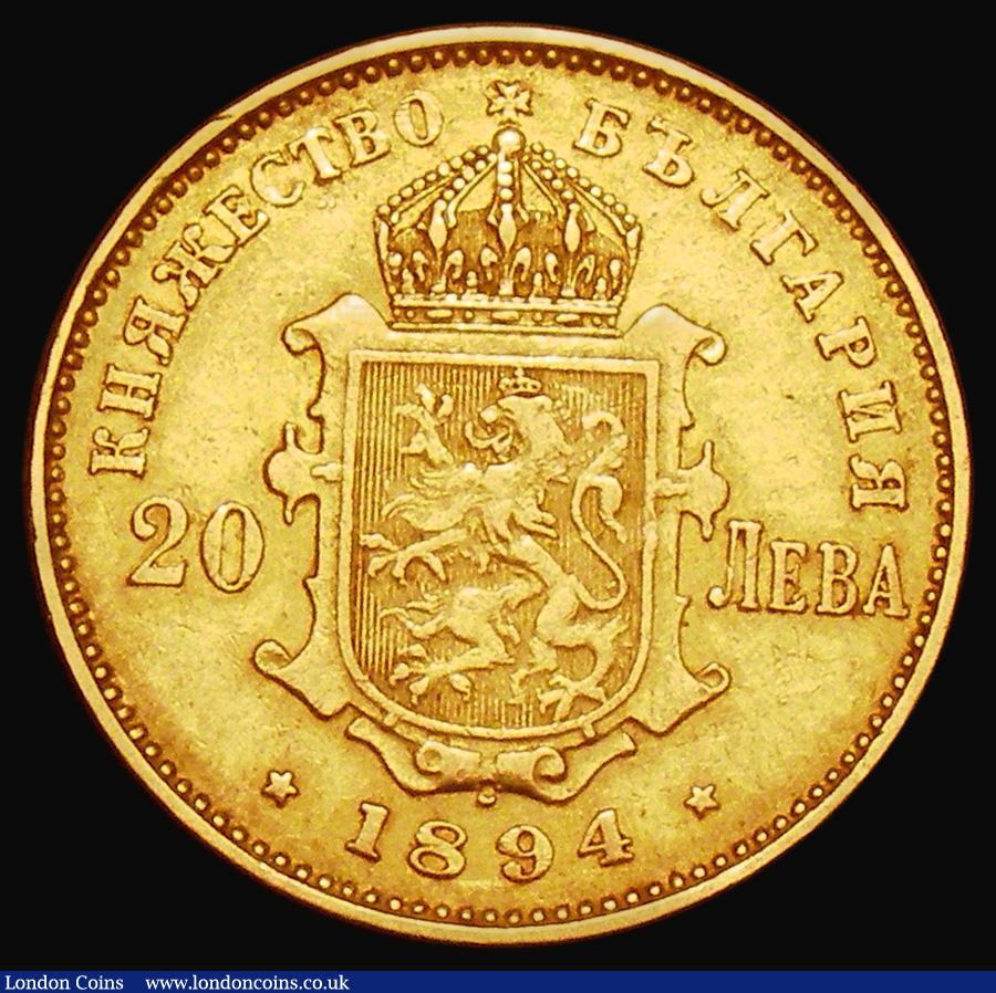 London Coins : A182 : Lot 1030 : Bulgaria 20 Leva Gold 1894 KB Ferdinand I as Prince, KM#20 VF/About VF
