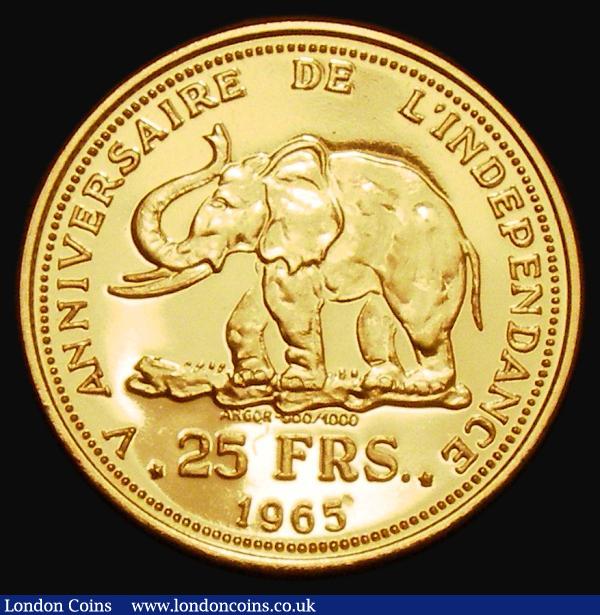 Congo, Democratic Republic 25 Francs 1965 Fifth Anniversary of Independence, Gold Proof KM#4, the odd minor contact mark, otherwise FDC, retaining full mint lustre. Note: of the approximately 3000 pieces minted, it is estimated that 70% of the mintage were melted : World Coins : Auction 182 : Lot 1082